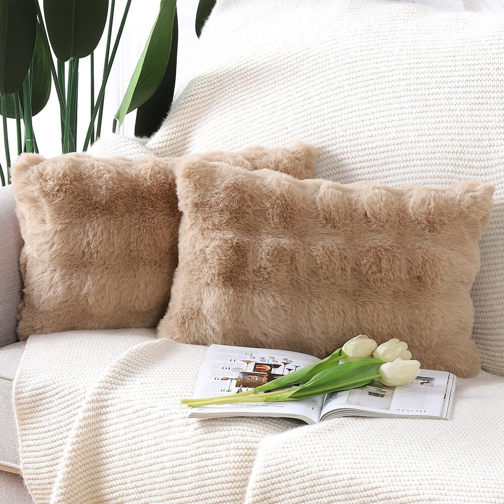 4398 Pack of 2 Thick Plush Wool Throw Pillow Covers 12x20 Inch Camel Soft